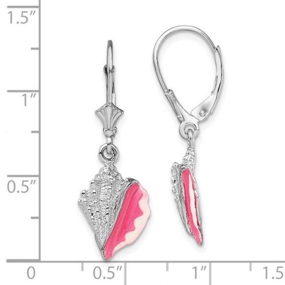 925 Sterling Silver Pink White Enamel Conch Shell Dangle Lever-back Earrings - Picture 2 of 5